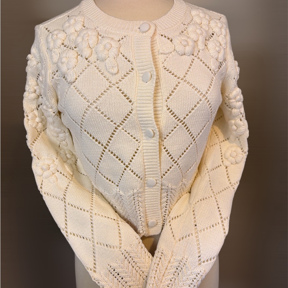 Caroline Constas Cream Floral Knit Cardigan